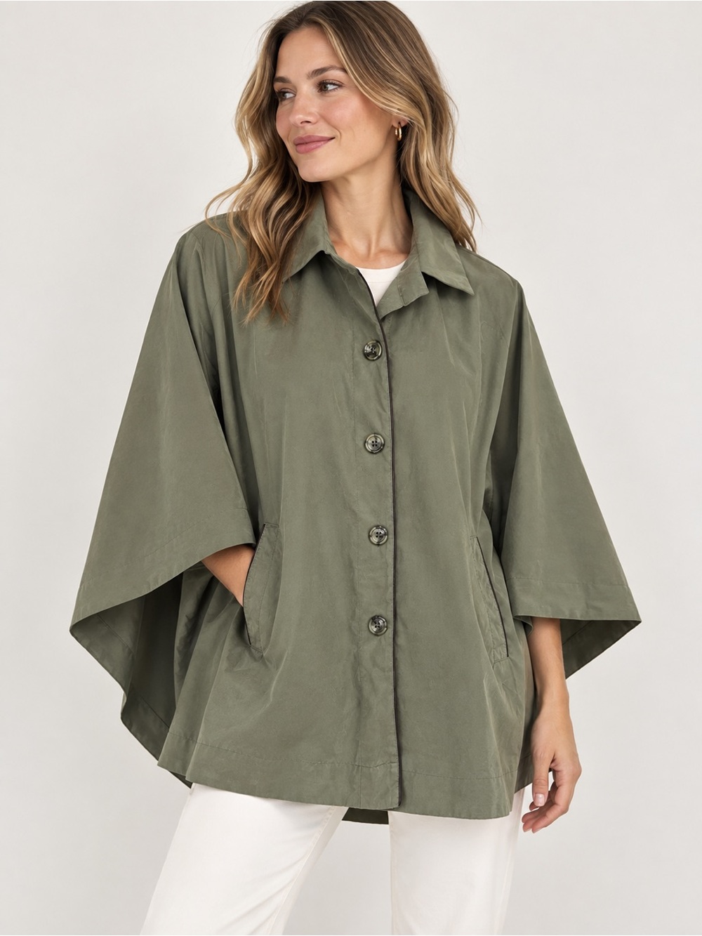 Vintage Olive Green Women's Button-Front Cape Jacket